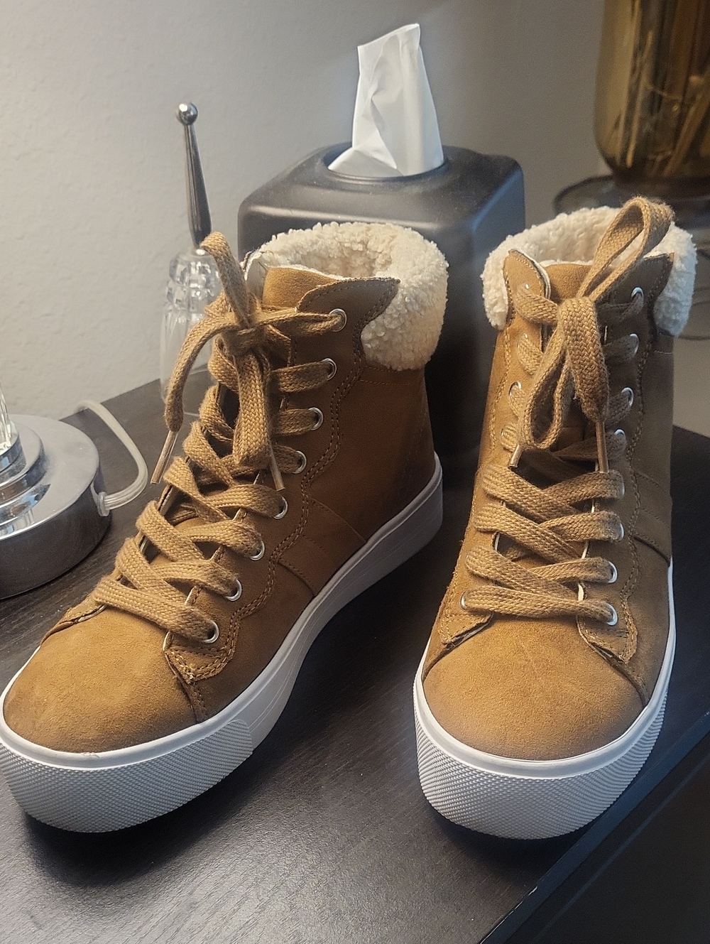 Marc Fisher Tan Faux-Suede Sherpa-Trim High-Top Sneakers